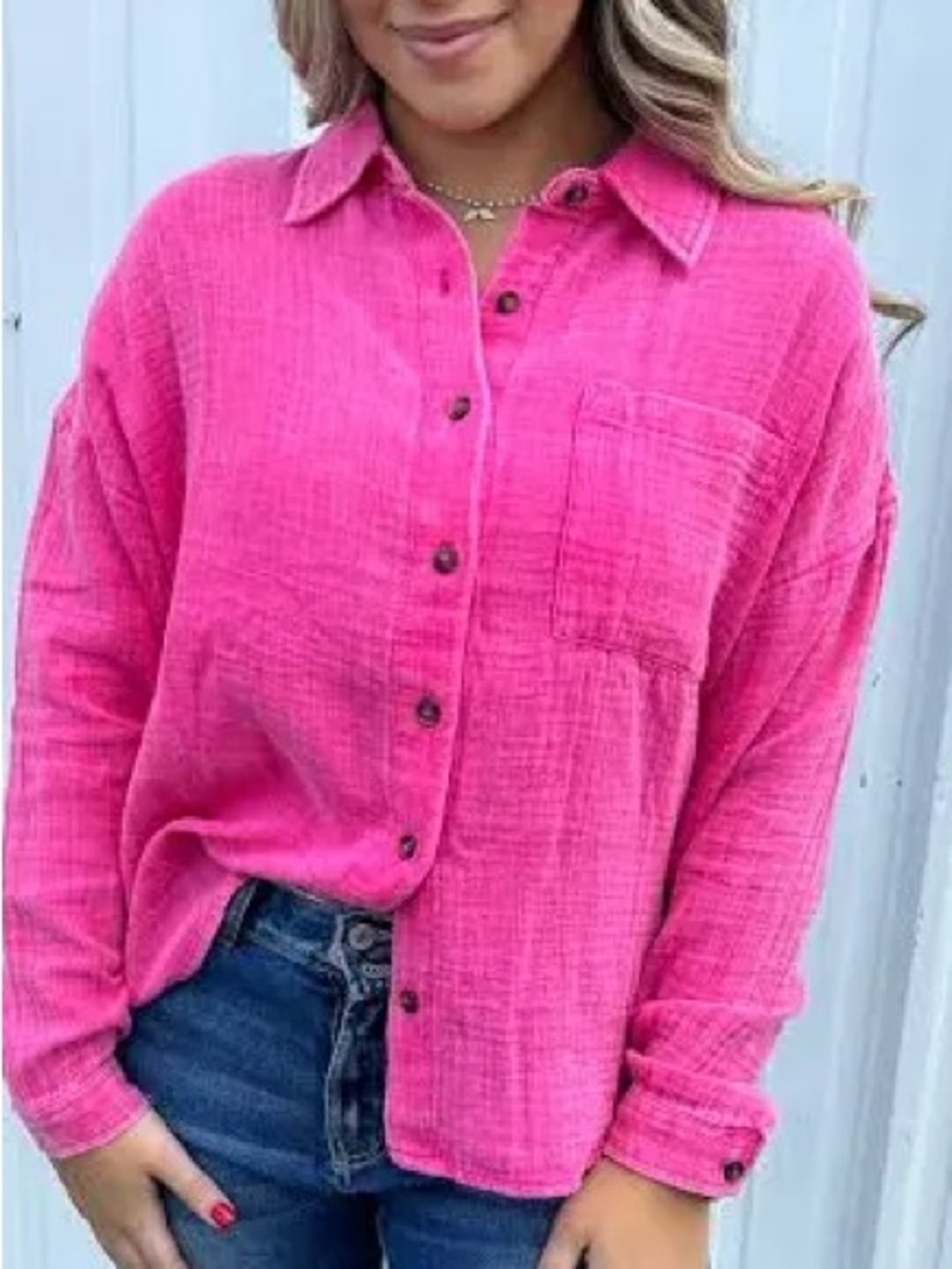 Relaxed XL Button-Front Women's Top in Hot Pink